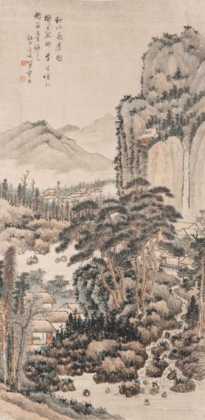 null Importante peinture représentant deux villages de pagodes dans une vallée montagneuse....