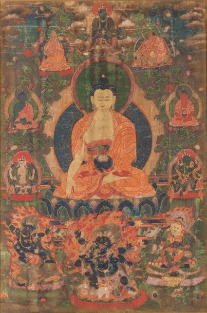 null Tangka représentant Bouddha assis en vajrasana sur un lotus émergeant des flots,...