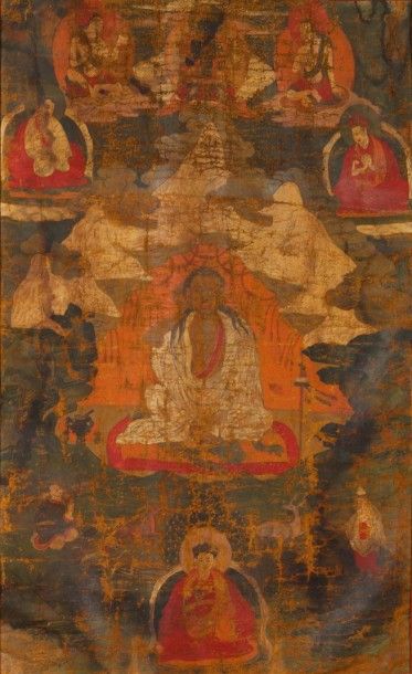 null Tangka représentant le bouddha sakyamuni assis, sa chevelure descendant sur...