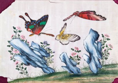 null Petit carnet de douze peintures gouache sur papier de riz à décor de papillons...