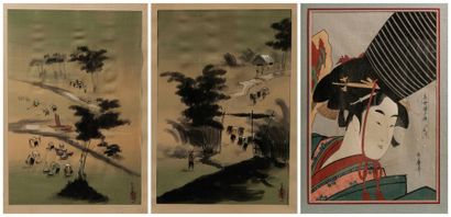 null Deux peintures chinoises et une estampe d'après Utamaro Japon, Xxème Dim: 40x25...