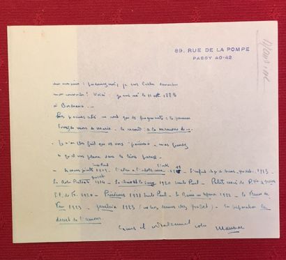 François MAURIAC (1885-1970) écrivain Billet autographe signé adressé en mars 1924...