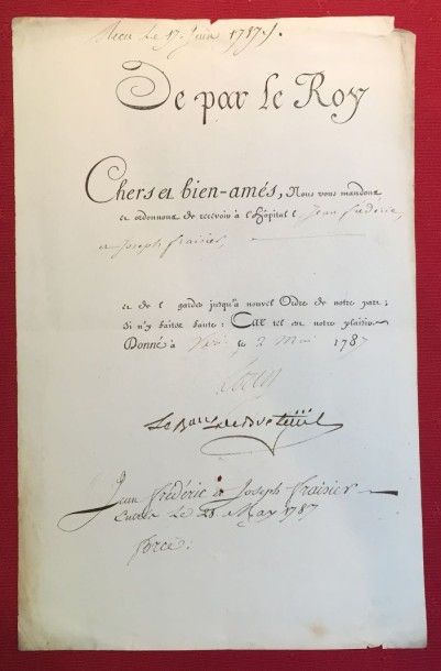 null [LOUIS XVI] Lettre d'hospitalisation signée "Louis" et contresignée par le Baron...