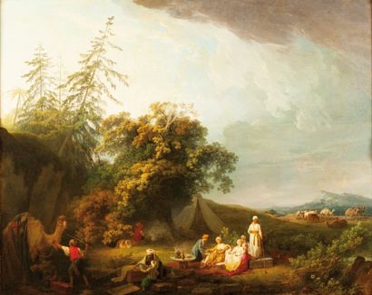 Jean-Baptiste HILAIR (1753-1822) La Halte des Princesses Orientales Toile 83 x100...