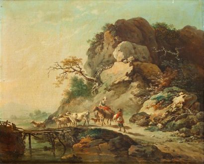 Jacques BERTAUX (c.1745-c.1818) Paysage rocheux animé au pont Huile sur toile, signée...