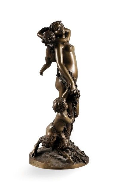 Adrien FOURDRIN (XIXème siècle) Bacchante et deux faunes Groupe en bronze à patine...