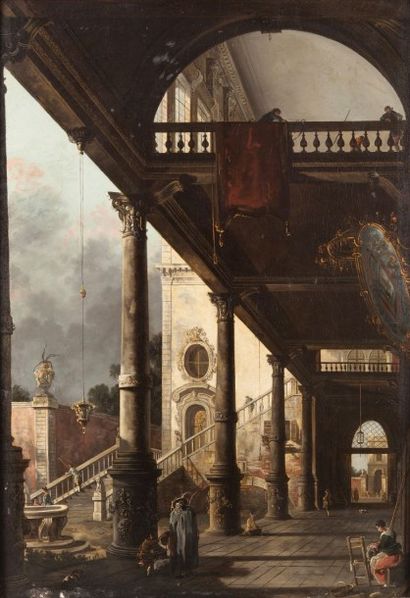 École VENITIENNE du XIXème siècle, d'après Canaletto Une cour de palais animée Toile...