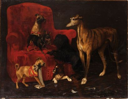 Louis-Robert HERAULT (école Française du 19ème) Le salon des chiens Toile 115 x 146...