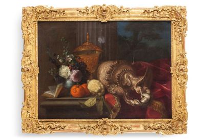 MEIFFREN CONTE (vers 1630-1705) Nature morte aux pièces d'orfèvrerie, cédras mandarines...