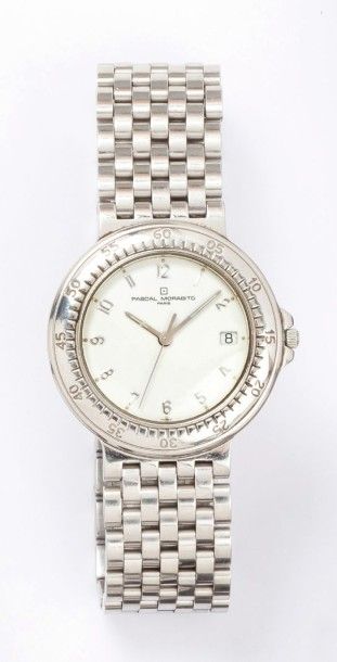 PASCAL MORABITO Bracelet-montre en acier, cadran blanc à chiffres arabes, date, mouvement...
