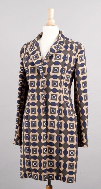MARNI 
Manteau droit en lainage imprimé multicolore à motifs géométriques d'inspiration...