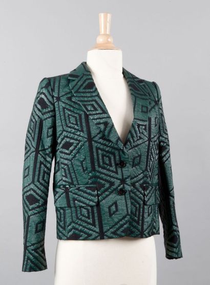 Dries van NOTEN circa 2012 
Veste courte en brocart laine et polyester vert, noir...