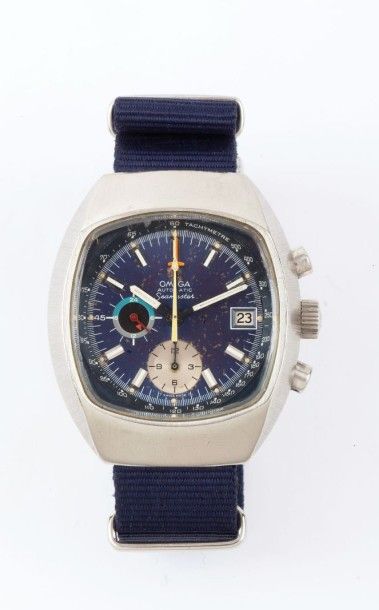 OMEGA 
«Seamaster Jedi» vers 1970
Beau chronographe bracelet en acier. Boitier coussin,...