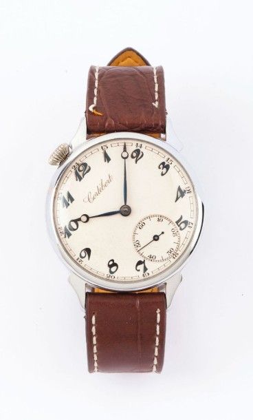 CORTEBERT vers 1960 
Montre bracelet en metal chrome (remontage). Cadran creme decentre...