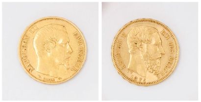 null Deux pièces de 20 francs or, Napoléon III et Léopold II.
P. 12,9 g