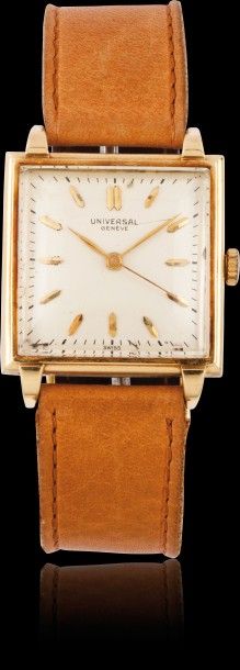 UNIVERSAL GENEVE vers 1945 

Montre bracelet en or jaune 18k(750). Boitier carré....
