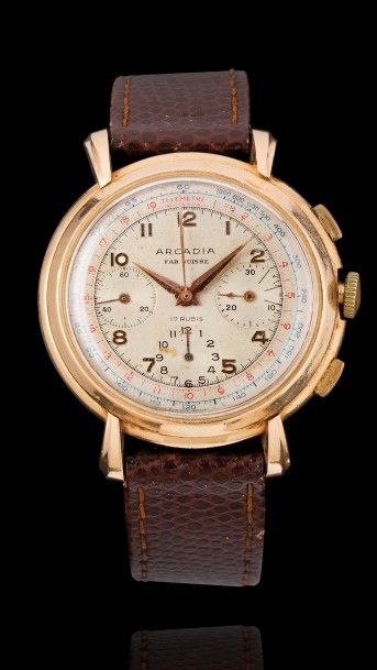 ARCADIA N°121329 vers 1950 

Beau chronographe bracelet en or rose 18k (750). Boîtier...