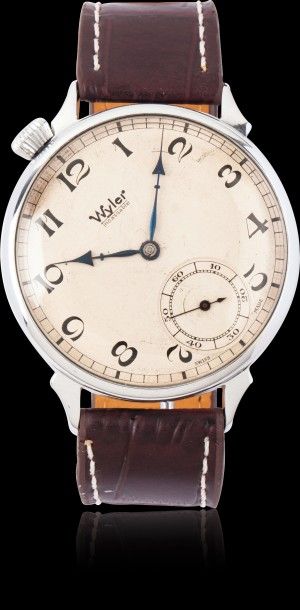 WYLER vers 1960 

Grande montre bracelet en métal chrome (remontage).

Cadran crème...