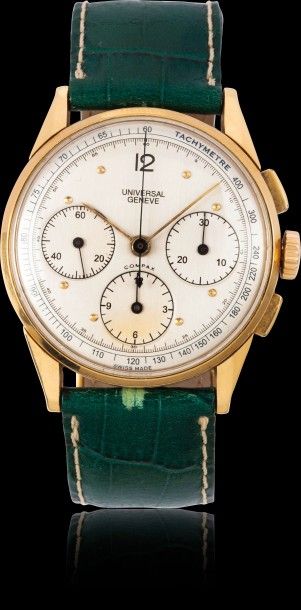 UNIVERSAL GENEVE 
Beau chronographe bracelet en or jaune 18k(750). Boitier rond....