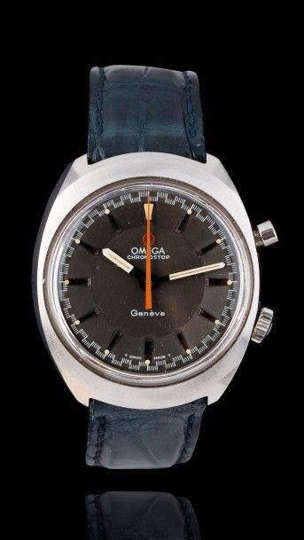 OMEGA "Chronostop" vers 1970 

Chronographe bracelet en acier. Boitier tonneau, fond...