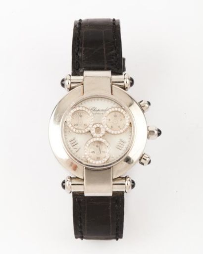 CHOPARD Chronographe- Bracelet montre de dame en acier. Cadran blanc, index bâtons...