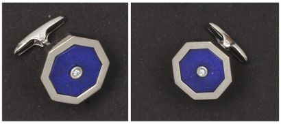 null Paire de boutons de manchettes de forme hexagonale en or gris ornés de lapiz-lazuli...