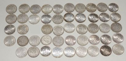 null Lot de pièces en argent : - 1 pièce de 100 FF (1985) - 6 pièces de 5 FF (An...
