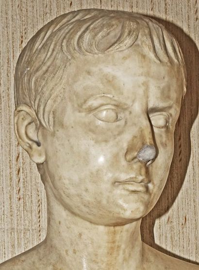 null Buste d'empereur romain, en marbre blanc (restauration au nez). 

Haut. : 41...