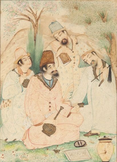 Quatre hommes dans un paysage arboré, Iran,...