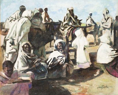 Jacques MAJORELLE (1886-1962) L'arrivée au souk, Marrakech Huile sur toile, signée...