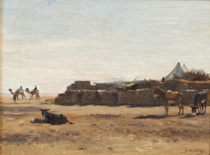 Narcisse BERCHERE (1819-1891) 
Village à l'entrée du désert
Huile sur panneau, signé...