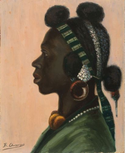 J R. CHASSAIGNE (XXe) Portrait de profil d'une soudanaise huile sur panneau, signée...