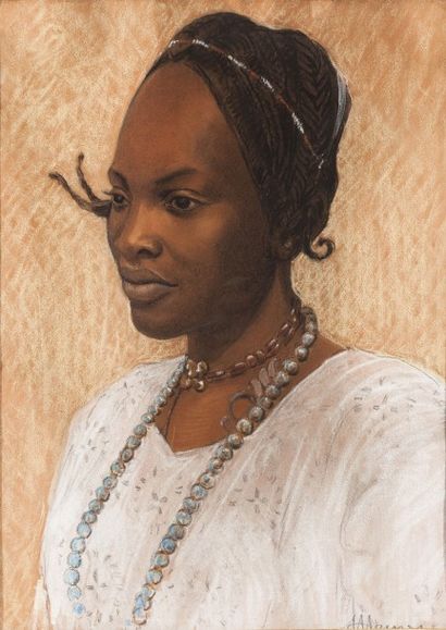 Ecole du XXème siècle 
Portrait d'une africaine
Pastel, signé en bas à droite.
55...