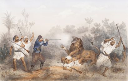 François GRENIER (1793-1867) 
La chasse aux lions
Lithographie en couleurs, imprimé...