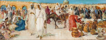 Paul DAXHELET (1905-1993) Le marché devant les remparts de Meknès Huile sur panneau,...