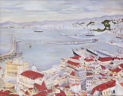 Hacène BENABOURA (1898-1960) 
Vue plongeante sur le Port d'Alger
Huile sur toile,...