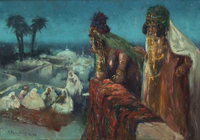 Gustave FLASSCHOEN (1868-1940) 
Ouled Nails sur la terrasse le soir à Biskra
Huile...