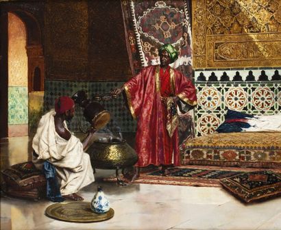 Rudolf ERNST (1854-1932) Attribué à 
Le marchand d'antiquités
Huile sur panneau d'acajou...