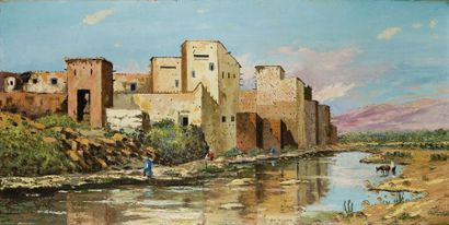 Pierre de SAEDELER (XXème siècle) Kasbah au bord de l'Oued Huile sur panneau d'isorel,...