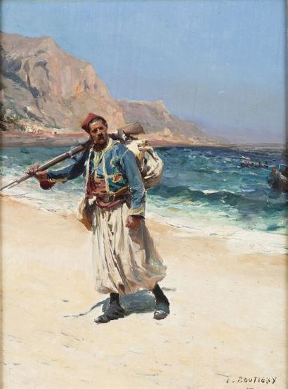 Paul Emile BOUTIGNY (1854-1929) 
Zouave sur la plage
Huile sur panneau, signée en...