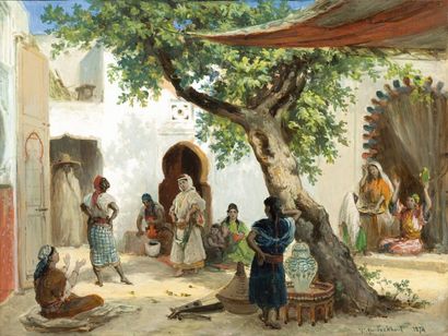 Victor EECKHOUT (11821-1880) 
Danse sous l'arbre du patio, Tanger
Huile sur panneau,...