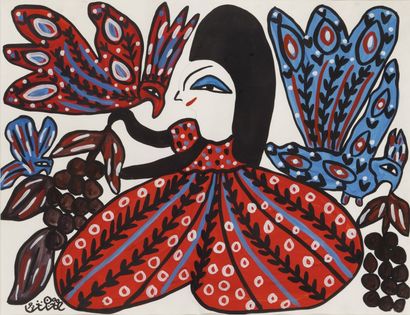 MAHIEDDINE BAYA (1931-1998) Femme aux oiseaux Gouache, signée en bas à gauche. 50...