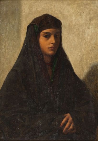 Frédéric GOODALL (1822-1904) Portrait d'une Egyptienne, 1864 Huile sur carton, monogrammée...