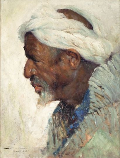 Felipe ABASCAL (1871-1948) 
Marocain au turban, 1928
Huile sur panneau, située Maroc...