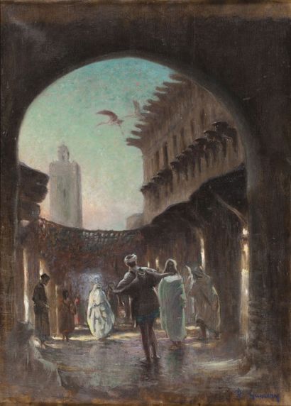 Adolphe GUMERY (1861-1943) 
Le Minaret de Bou Anania à Fez
Huile sur toile, signée...