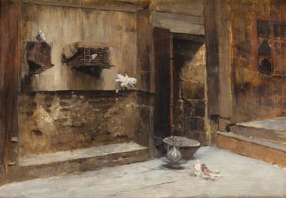 Franz Xavier KOSLER (1864-1905) 
La cour aux colombes
Huile sur panneau d'acajou,...