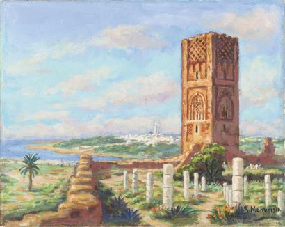 Solange MONVOISIN (1907-1985) 
La tour Hassan, Rabat.
Huile sur toile, signée en...