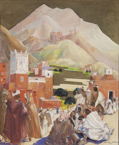 Gabriel CARRIAT-ROLANT (XXème siècle) 
Village animée, Maroc
Gouache rehaussée d'or,...