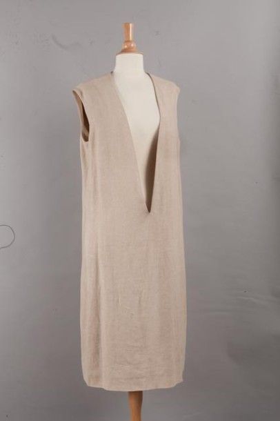 HERMES Paris Robe chasuble de forme sac en lin beige, taille 42 (bon état)