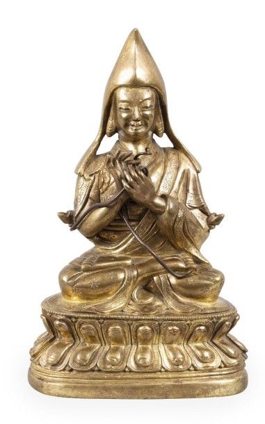 null Sujet en bronze doré représentant Tsong Khapa, fondateur de la lignée Gelupgspa...